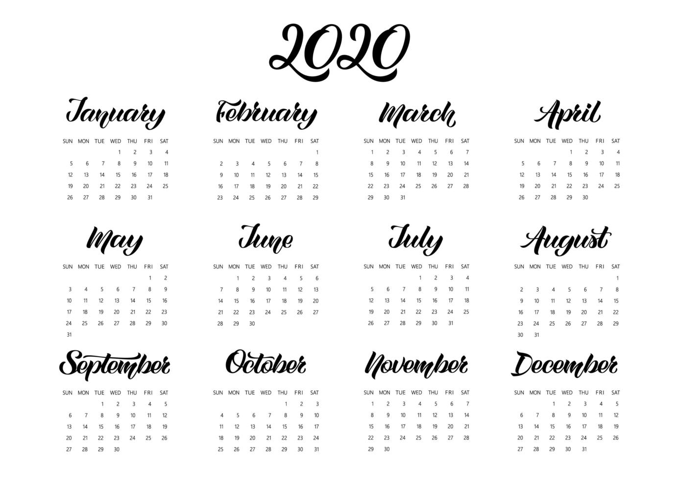 pianificatore di calendario vettoriale per l'anno 2020 con scritte e scarabocchi disegnati a mano. set di 12 mesi. la settimana inizia domenica. disegno di cancelleria.