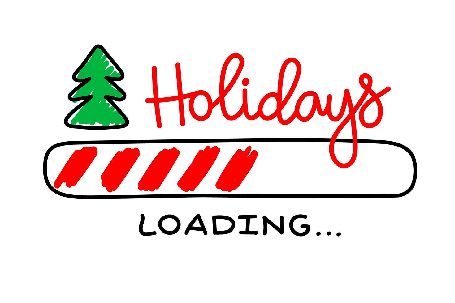 barra di avanzamento con iscrizione - caricamento delle vacanze e albero di Natale scarabocchiato in stile abbozzato. illustrazione del nuovo anno vettore