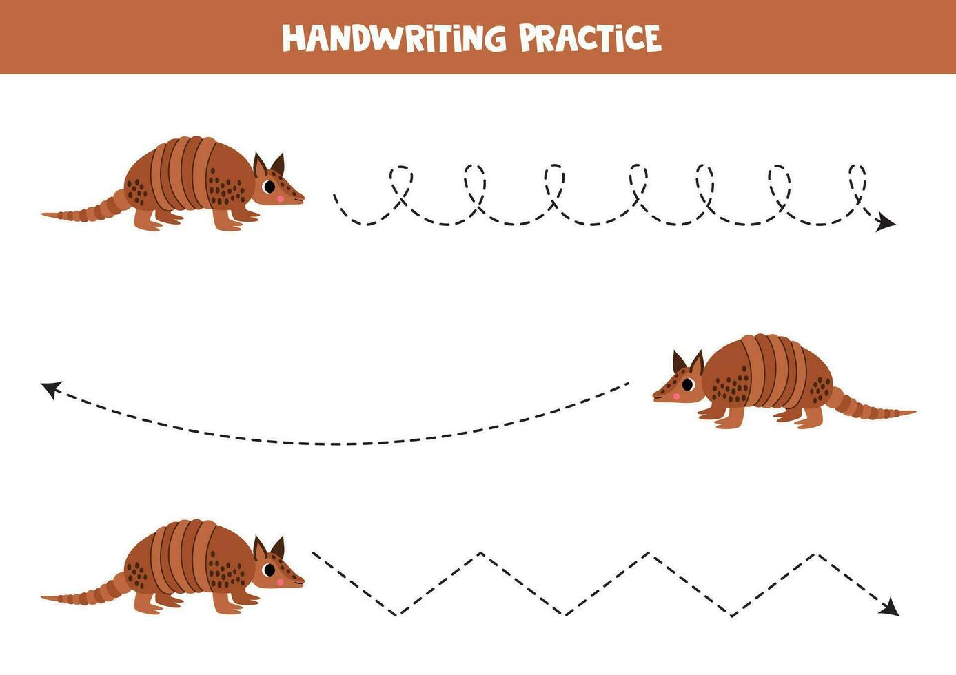 tracciato Linee per bambini. carino cartone animato Marrone armadillo. grafia la pratica. vettore