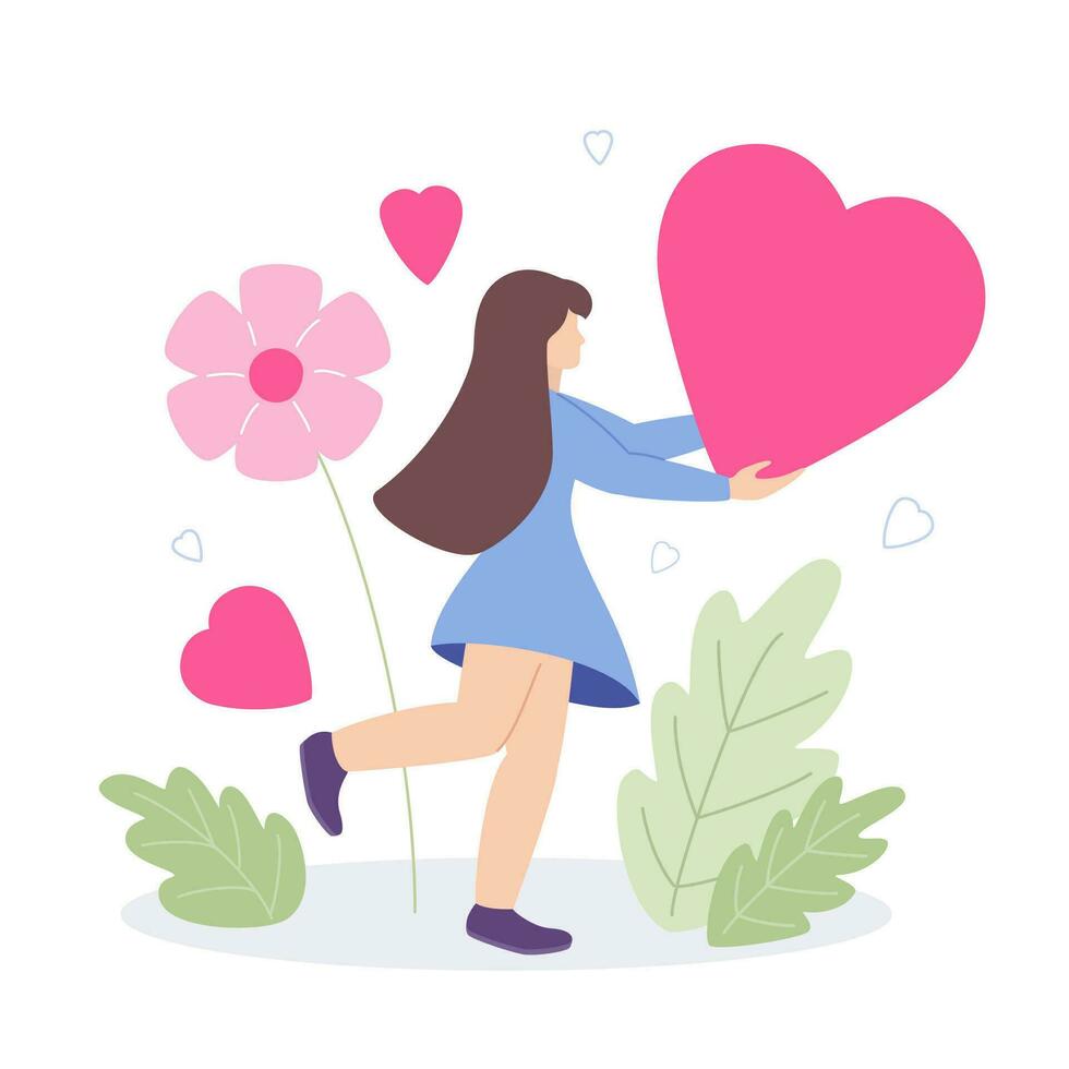 ragazza Tenere cuore. concetto di amore, amore per se stessi. design per San Valentino giorno, famiglia, donazioni. vettore illustrazione.