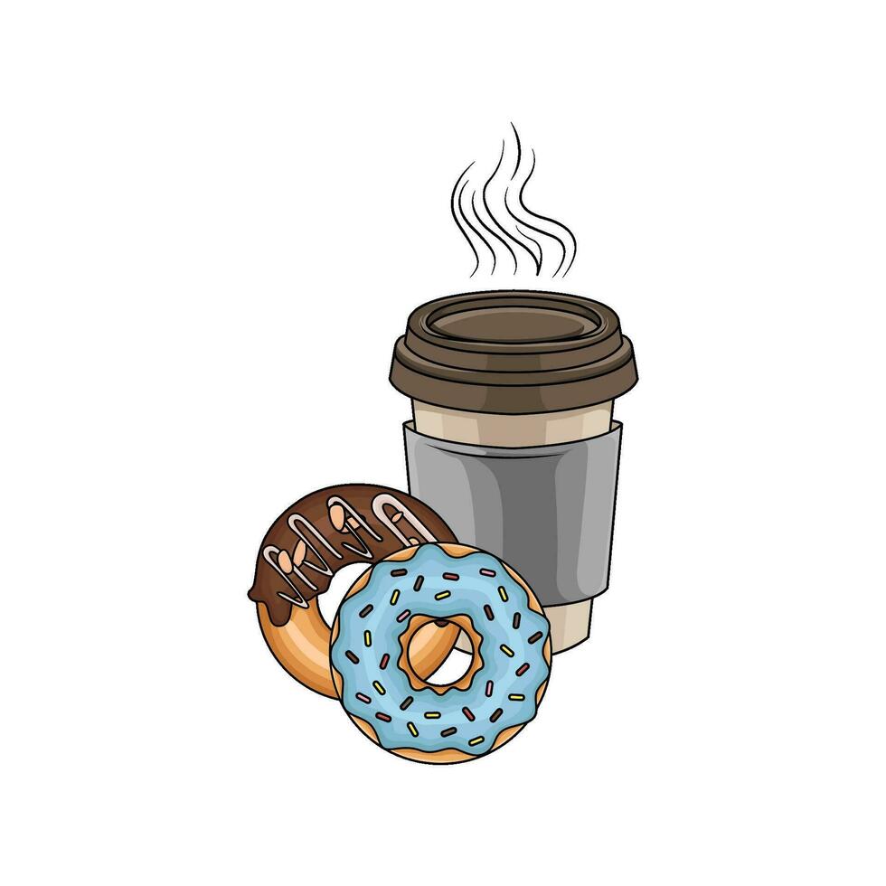 dolce ciambella con tazza caffè bevanda illustrazione vettore