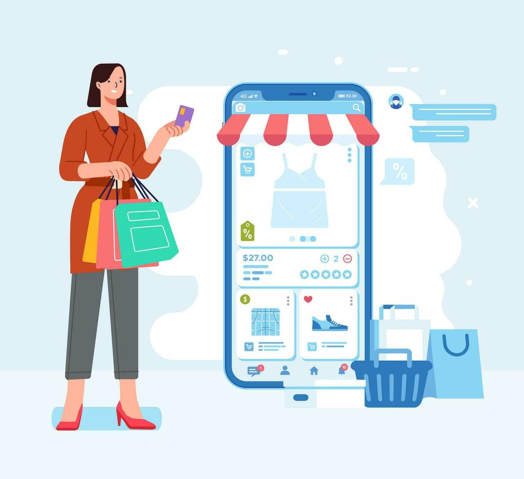 donna felicità gioioso elegante con shopping borse acquista paga in linea memorizzare mobile App vettore