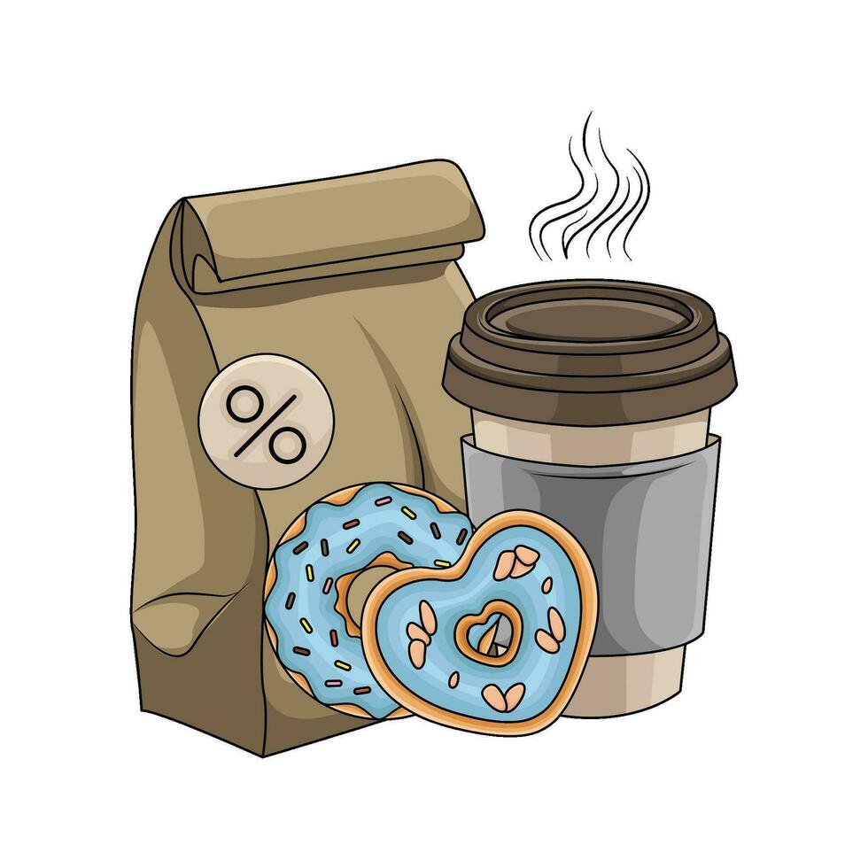 confezione, ciambella con tazza caffè bevanda illustrazione vettore