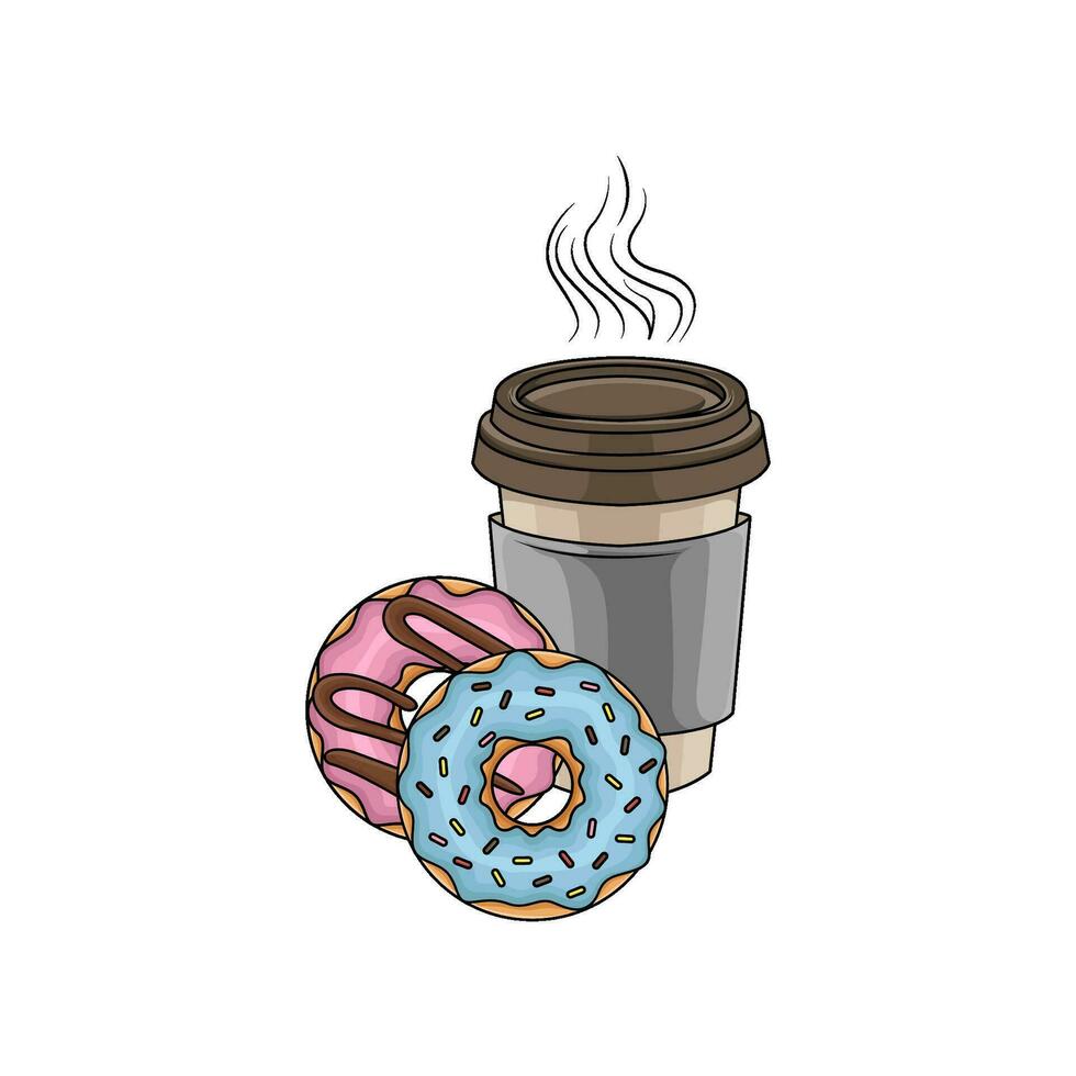 dolce ciambella con tazza caffè bevanda illustrazione vettore
