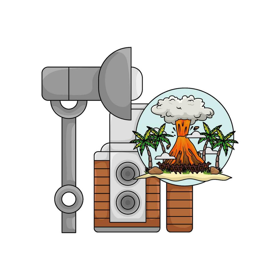 telecamera foto, immagine vulcano con fulmine illustrazione vettore