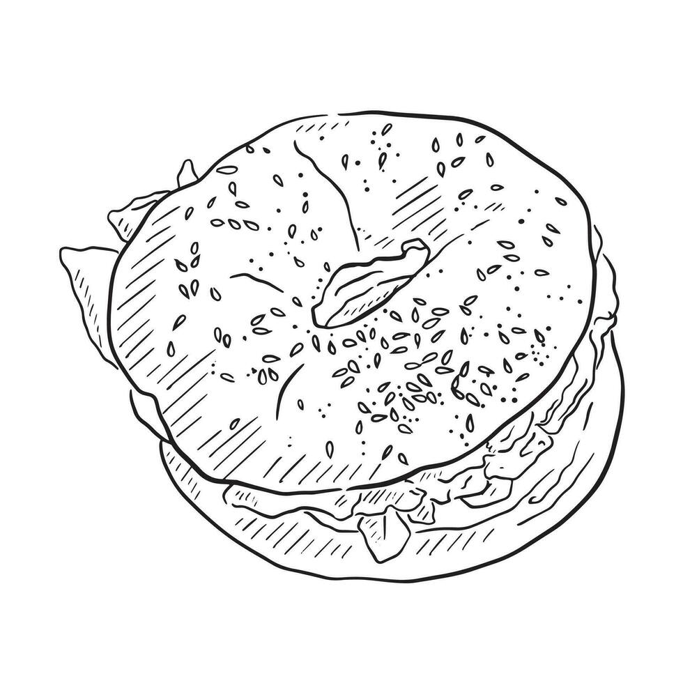 un' pieno bagel illustrazione creato di mano e ombroso utilizzando Linee. Questo nero e bianca clip arte opera d'arte In primo piano un' pieno bagel con sesamo semi su superiore. tutti creato di mano. vettore