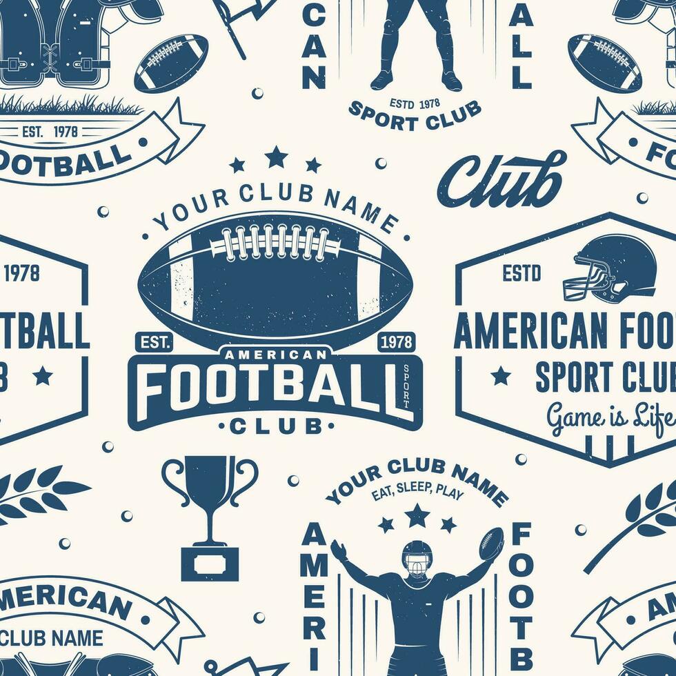 americano calcio senza soluzione di continuità modello, sfondo. vettore. senza soluzione di continuità sport modello con sportivo giocatore, casco, palla e spalla pastiglie silhouette. americano calcio sport club struttura. vettore