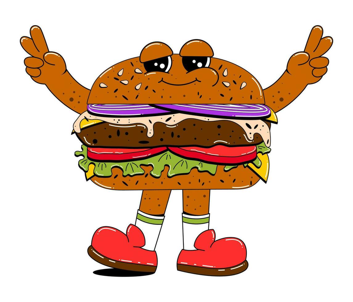 hamburger personaggio nel retrò cartone animato stile. Hamburger con divertente facciale espressione, braccia e gambe. veloce cibo personaggio vettore illustrazione nel piatto stile.