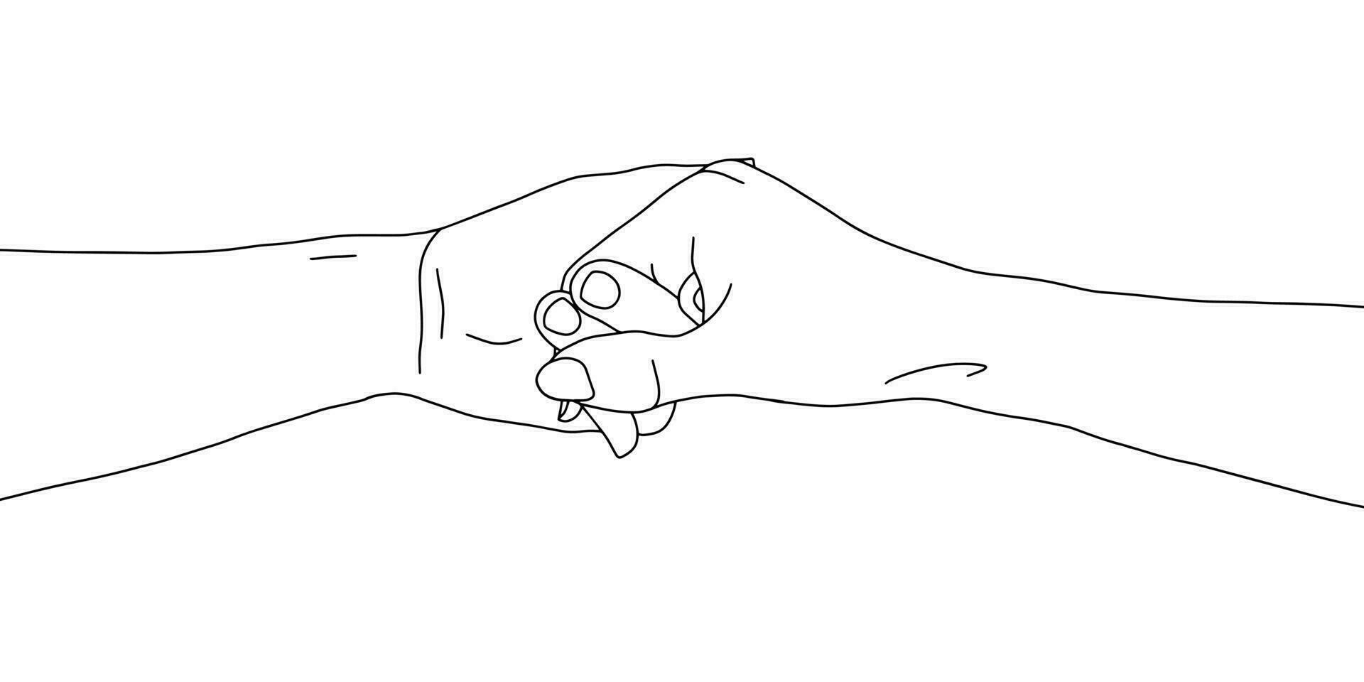 uno linea arte con mani. stretta di mano disegnato con linea. coppia Tenere mani. nero e bianca lineare maschio e femmina mano. minimalista San Valentino giorno illustrazione vettore