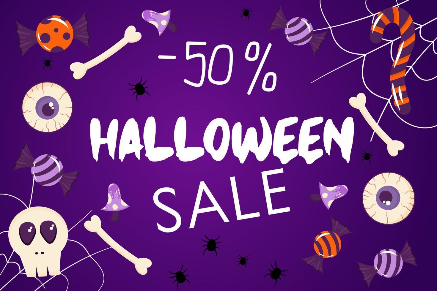 banner per una vendita di halloween. sfondo viola con iscrizione vendita 50 percento. l'arredamento del modello è fatto di ragnatele, ossa, dolci, chrepa. attraente copertina in stile cartone animato. vettore