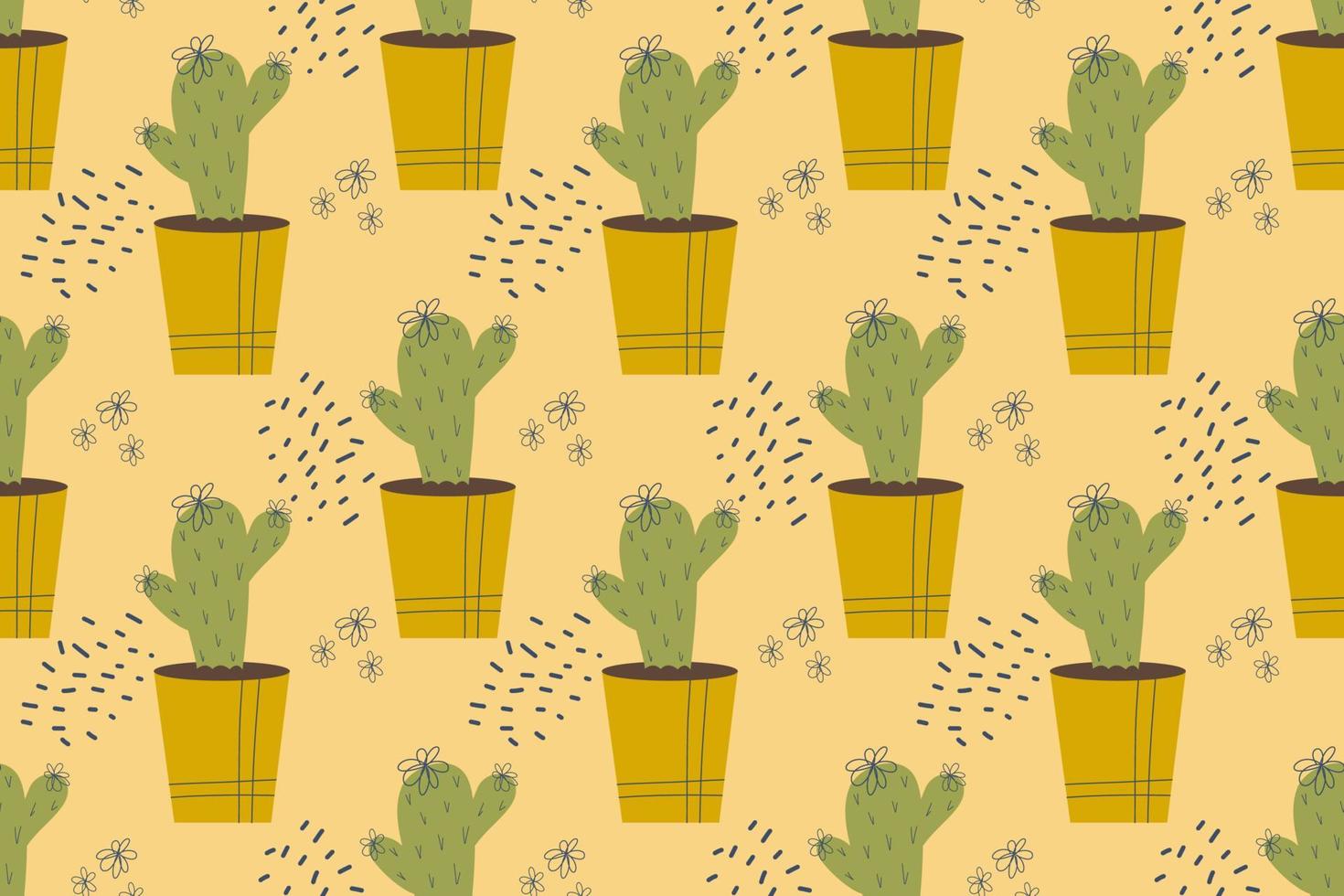 modello senza saldatura con cactus. cactus in vaso, pianta domestica con spine, aghi e fiori. illustrazione vettoriale in stile piatto