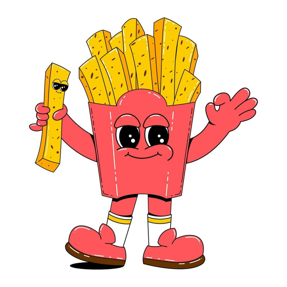 francese patatine fritte personaggio nel retrò cartone animato style.vector illustrazione di veloce cibo con divertente viso, braccia e gambe su isolato bianca sfondo. vettore