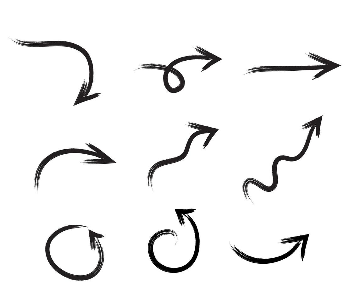 set di frecce di pennellate disegnate a mano nere isolate su bianco. illustrazione vettoriale