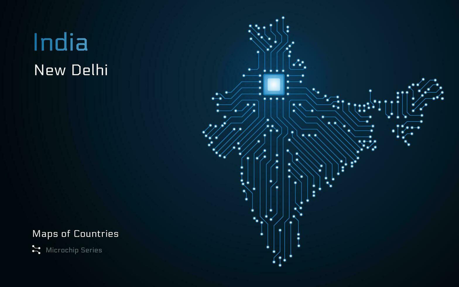 India raggiante bharat carta geografica con un' capitale di nuovo delhi mostrato nel un' microchip modello. e-governo. mondo paesi vettore mappe. microchip serie