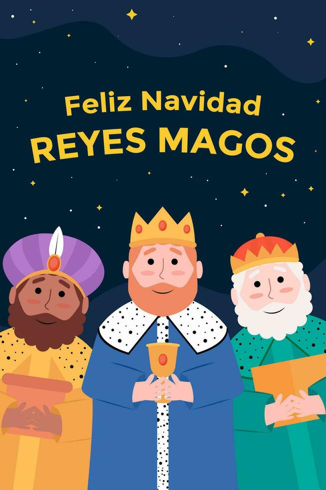 felice navidad Reyes magos verticale bandiera illustrazione nel piatto stile vettore