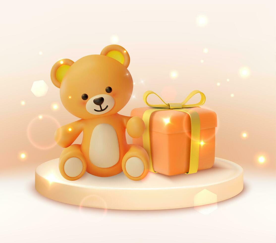 3d ragazzo giocattolo concetto cartone animato stile orsacchiotto orso e presente scatola. vettore