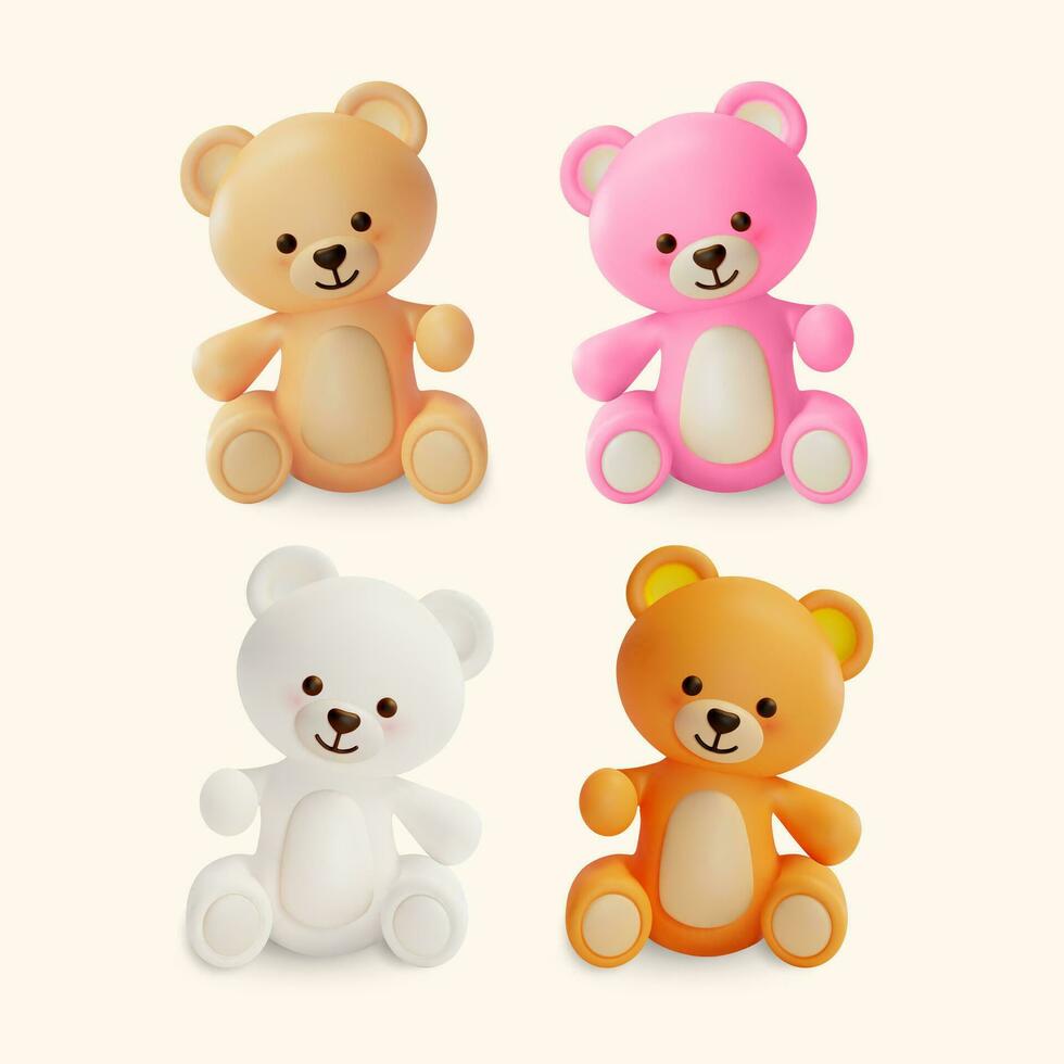 3d diverso colore carino orsacchiotto orso giocattolo impostato cartone animato stile. vettore
