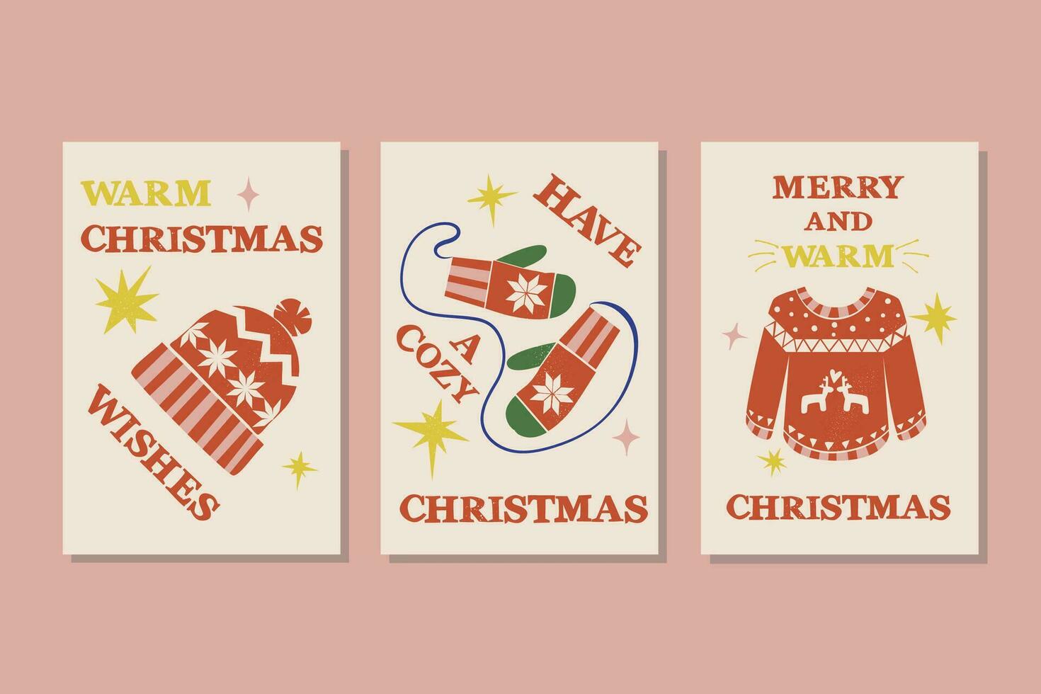 impostato di tre Natale cartoline nel linocut stile vettore