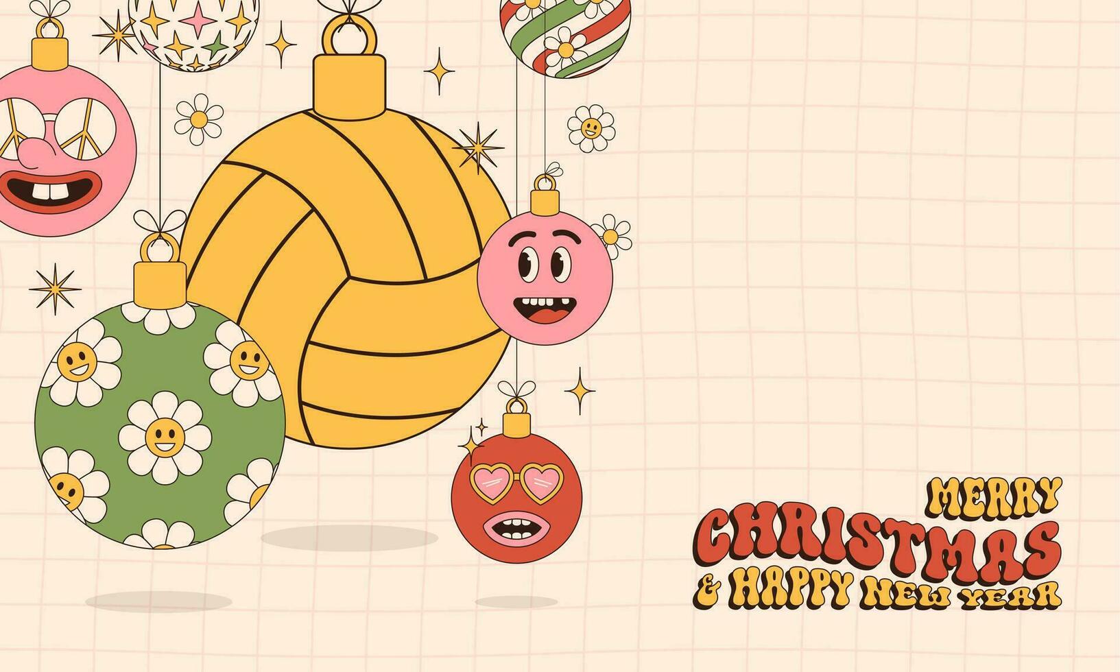 pallavolo allegro Natale e contento nuovo anno Groovy gli sport saluto carta. sospeso palla come un' Groovy Natale palla su vivace sfondo. vettore illustrazione.