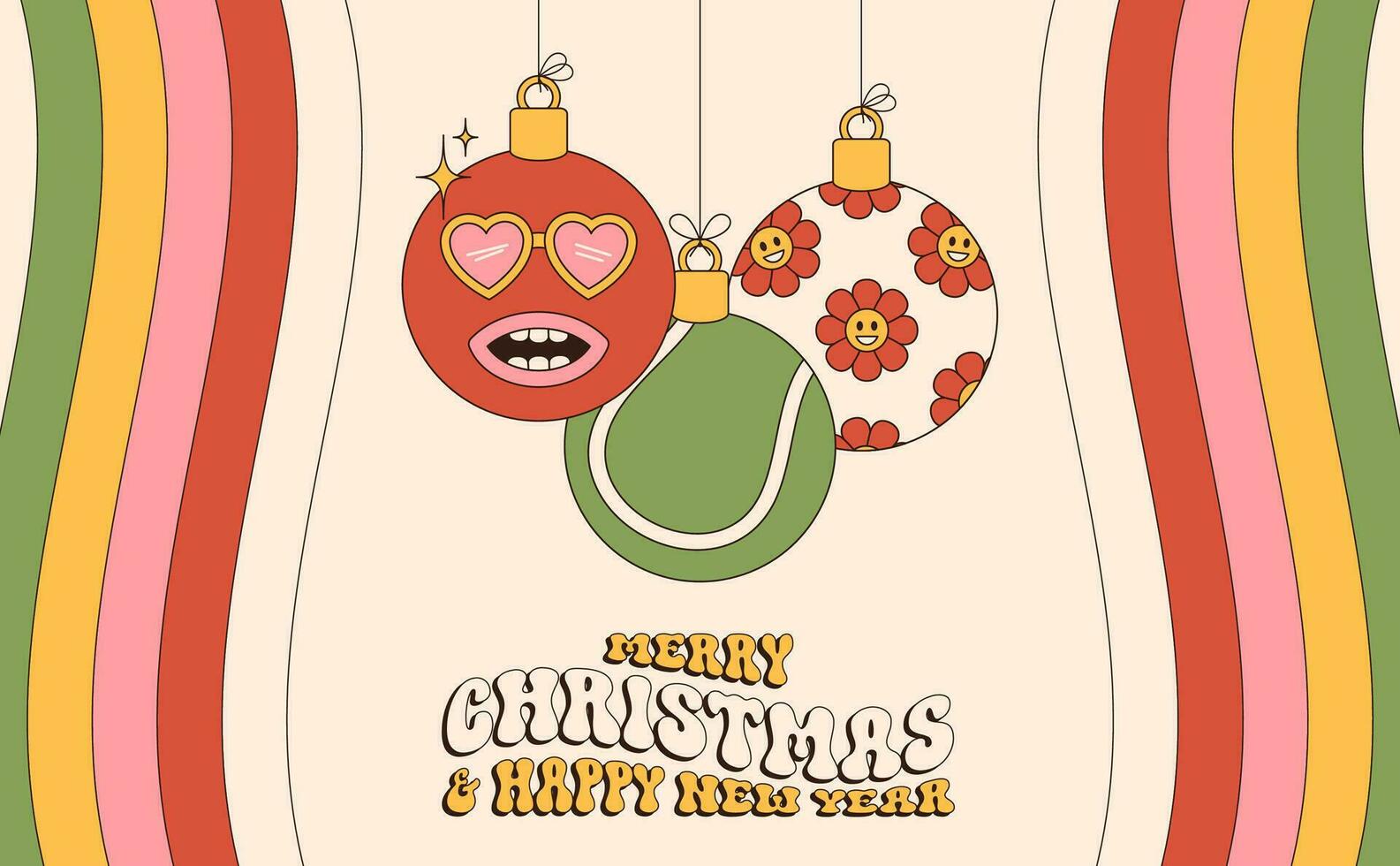 tennis allegro Natale e contento nuovo anno Groovy gli sport saluto carta. sospeso palla come un' Groovy Natale palla su vivace sfondo. vettore illustrazione.