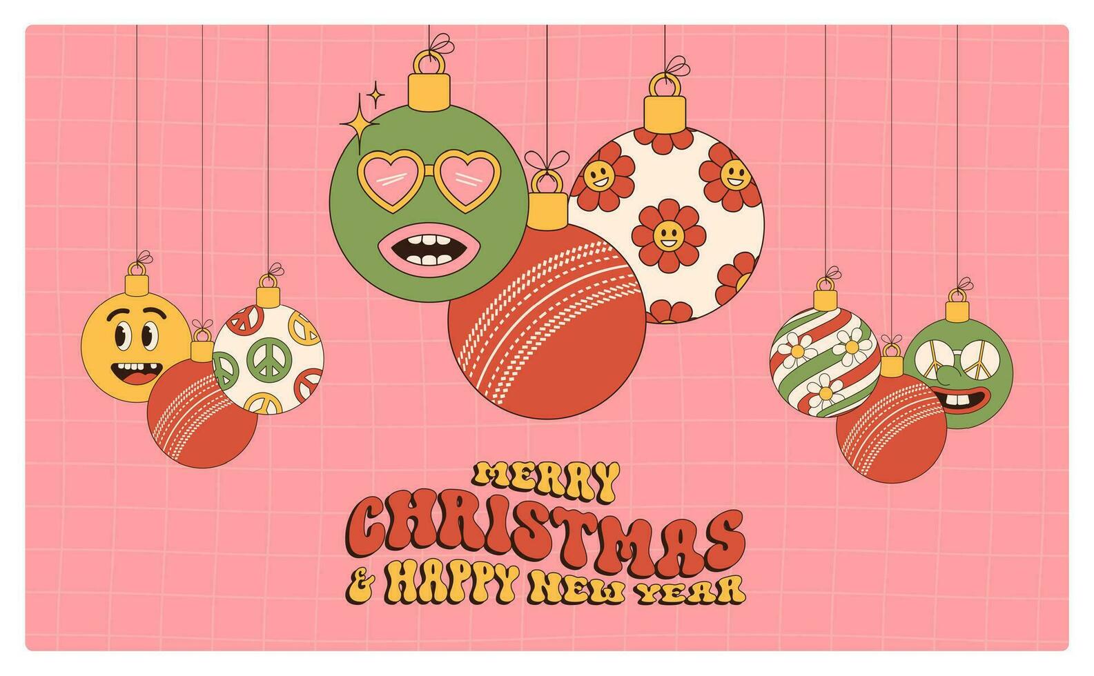 cricket allegro Natale e contento nuovo anno Groovy gli sport saluto carta. sospeso palla come un' Groovy Natale palla su vivace sfondo. vettore illustrazione.