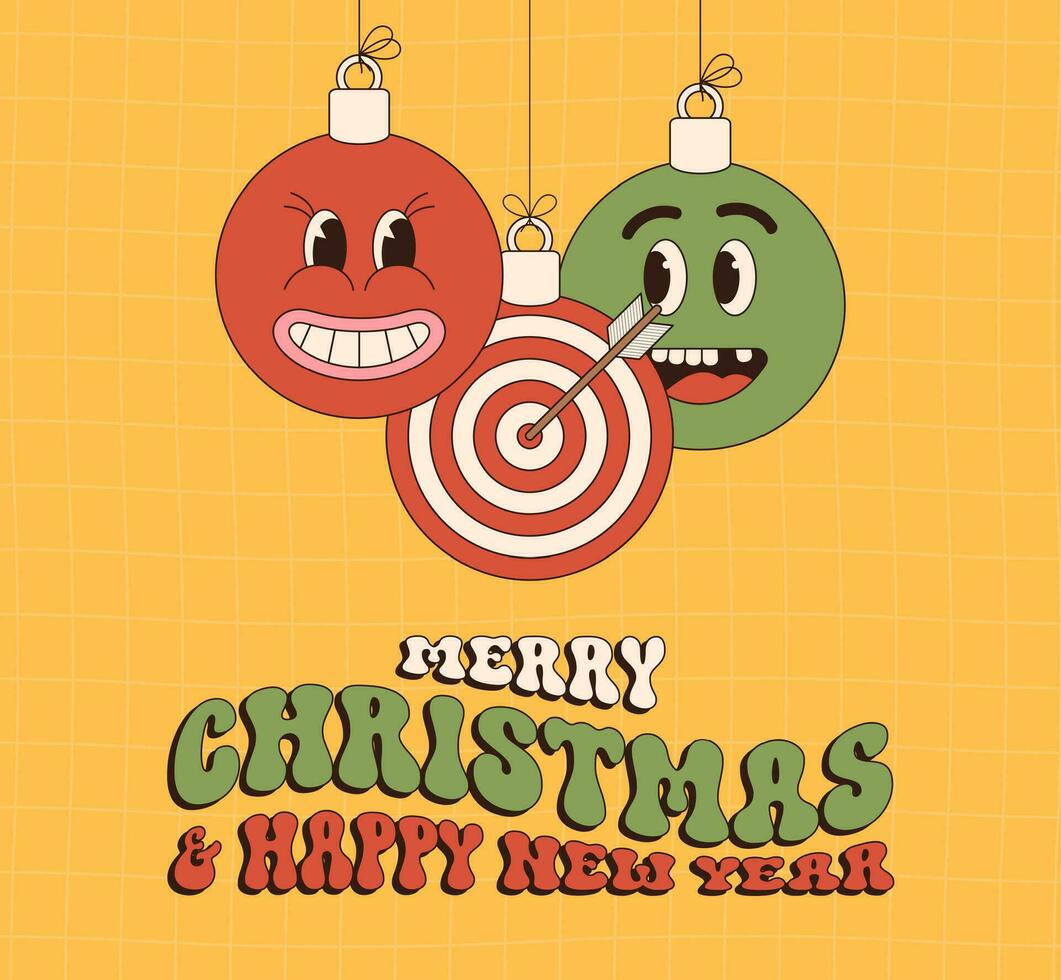 bersaglio allegro Natale e contento nuovo anno Groovy gli sport saluto carta. sospeso palla come un' Groovy Natale palla su vivace sfondo. vettore illustrazione.