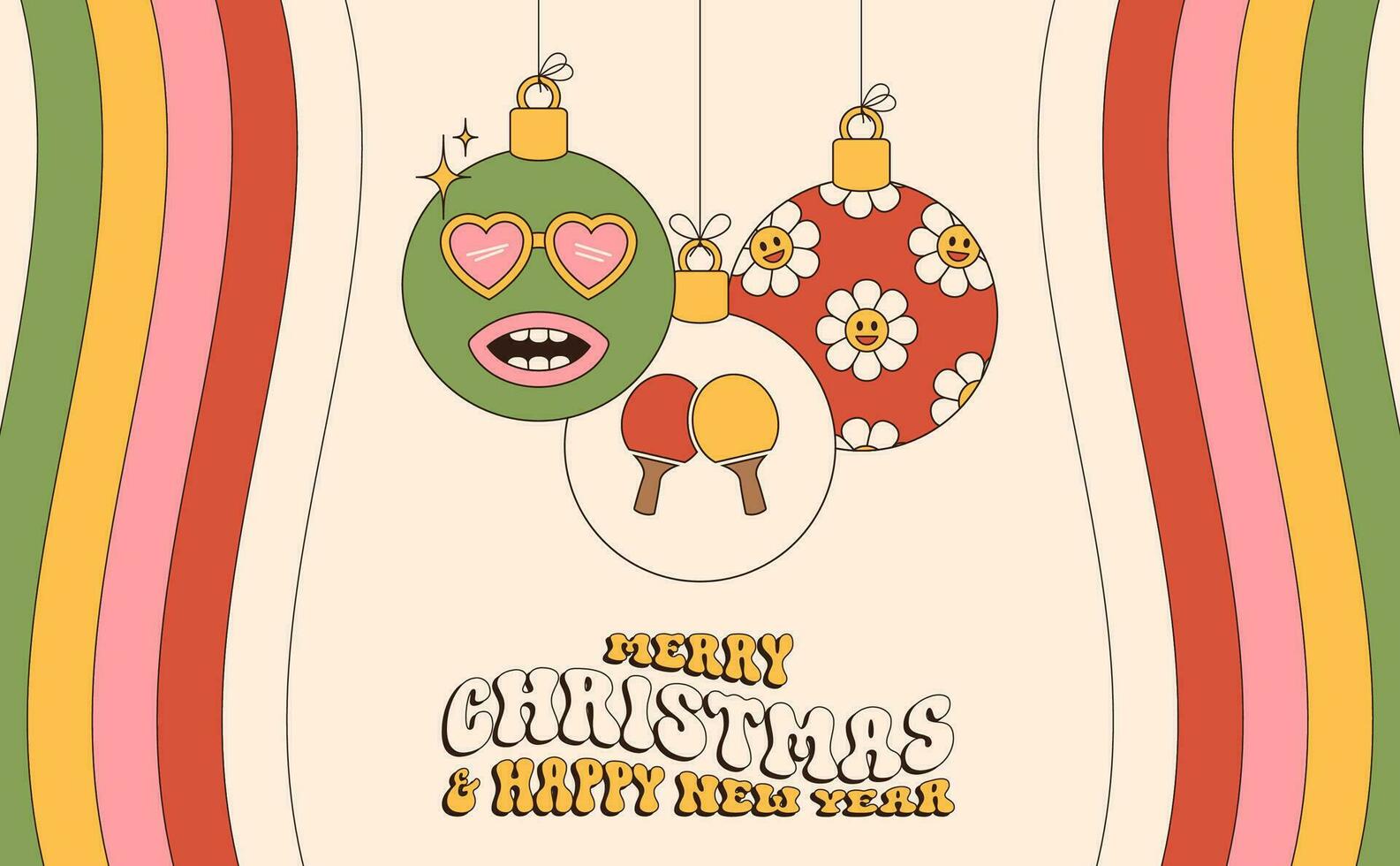 ping pong allegro Natale e contento nuovo anno Groovy gli sport saluto carta. sospeso palla come un' Groovy Natale palla su vivace sfondo. vettore illustrazione.