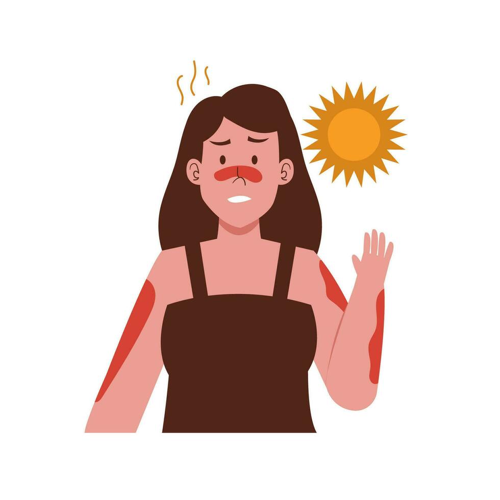 donna ottenere scottatura con caldo tempo metereologico a partire dal uv sole per sensibile pelle danno illustrazione vettore