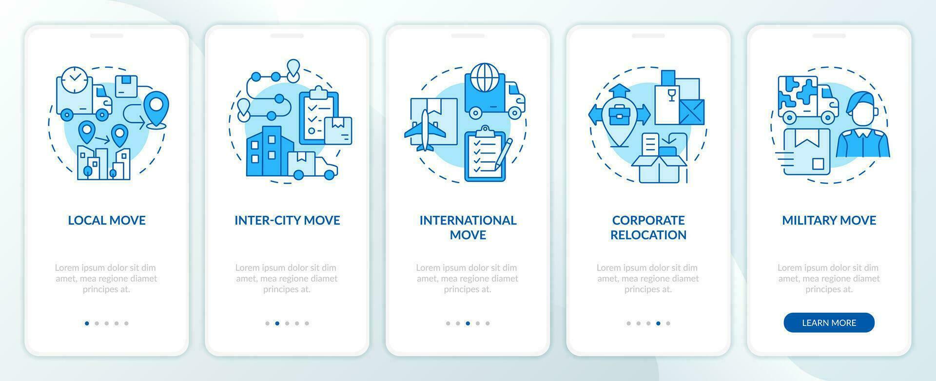 2d icone che rappresentano in movimento servizio mobile App schermo impostare. Procedura dettagliata 5 passaggi blu grafico Istruzioni con linea icone concetto, ui, ux, gui modello. vettore