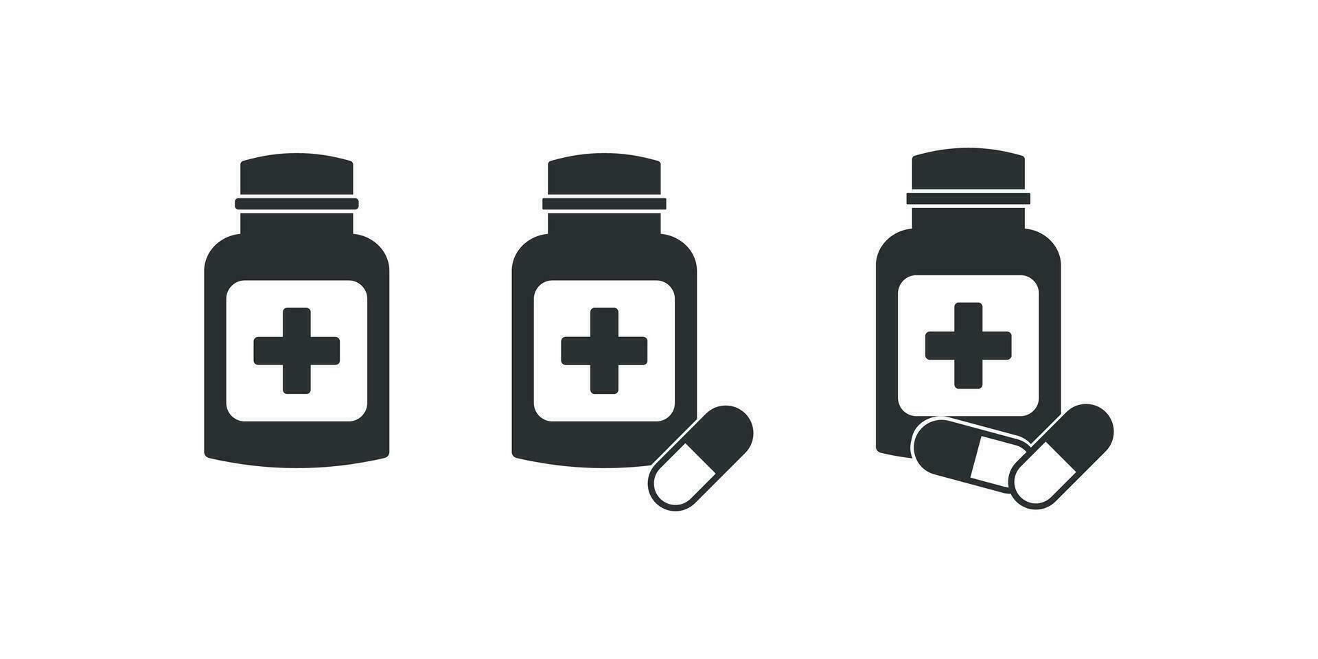 medicina bottiglia e pillole icona impostare. capsula confezione illustrazione simbolo. cartello medicazione vettore