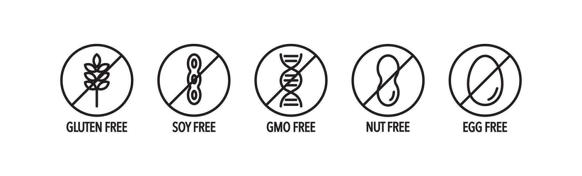 Alimenti etichette - allergeni icona impostare. uovo, glutine, OGM, soia, Noce gratuito illustrazione simbolo. cartello biologico vettore