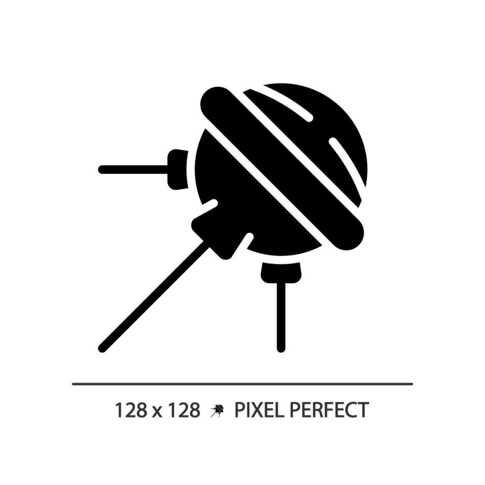 sputnik pixel Perfetto nero glifo icona. artificiale satellitare. spazio gara. aerospaziale motore. sovietico unione. terra orbita. silhouette simbolo su bianca spazio. solido pittogramma. vettore isolato illustrazione