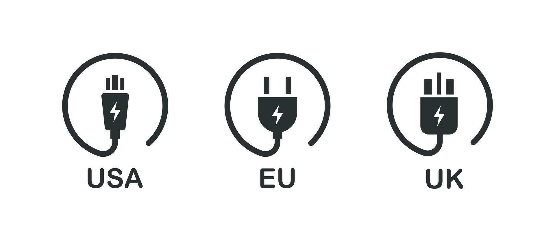tipi di presa di corrente spine icona impostare. cavo spine genere Stati Uniti d'America, UK, Unione Europea illustrazione simbolo. cartello elettrico spina vettore