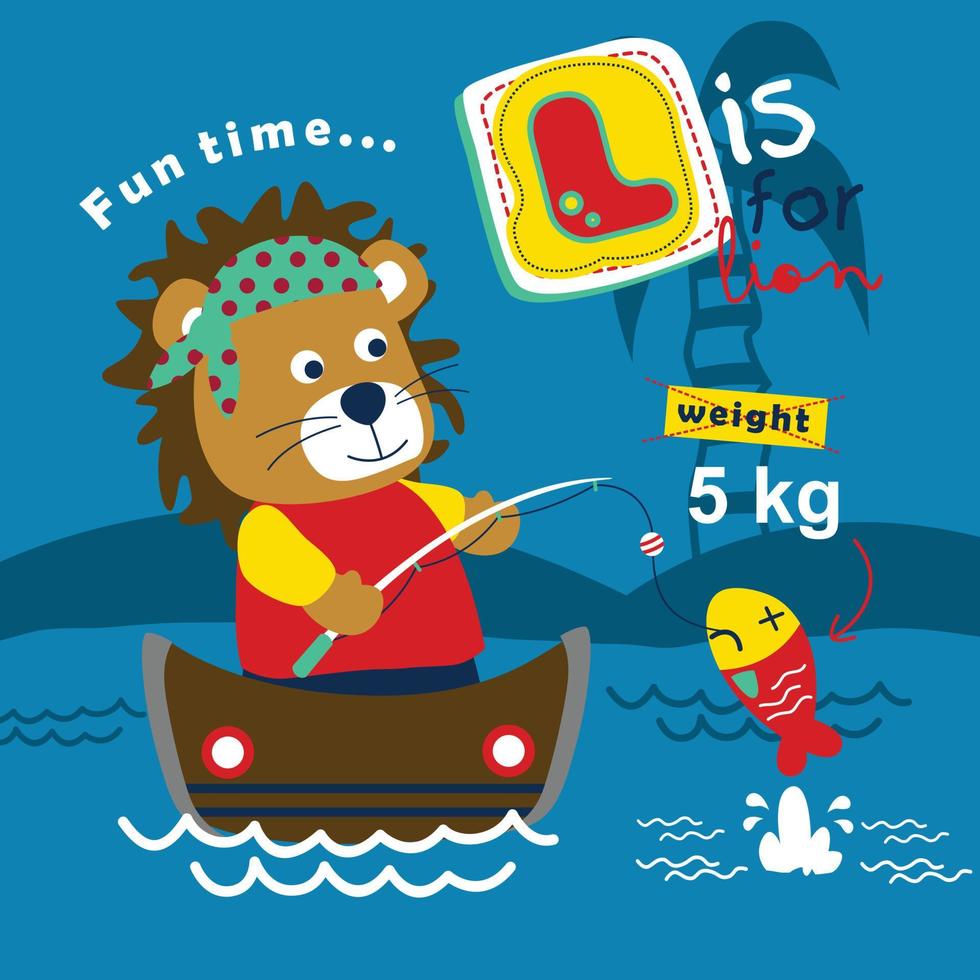 leone il pescatore divertente cartone animato vettore