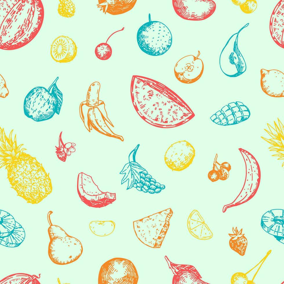 estate frutta e frutti di bosco vettore senza soluzione di continuità modello. mano disegnato ananas, anguria, Melograno, Banana, Mango, uva, agrumi, mela, pere, ciliegia. astratto ornamento nel retrò stile.