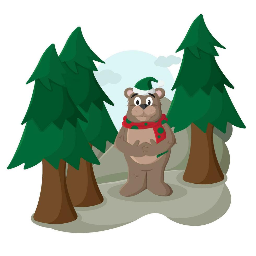 carino orso animale con Natale sciarpa e cappello su il foresta vettore illustrazione