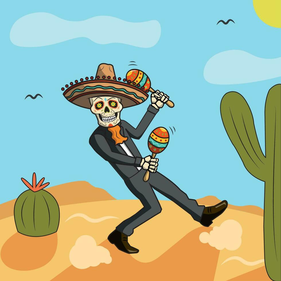 contento cranio personaggio giocando maracas cinco de mayo vettore illustrazione