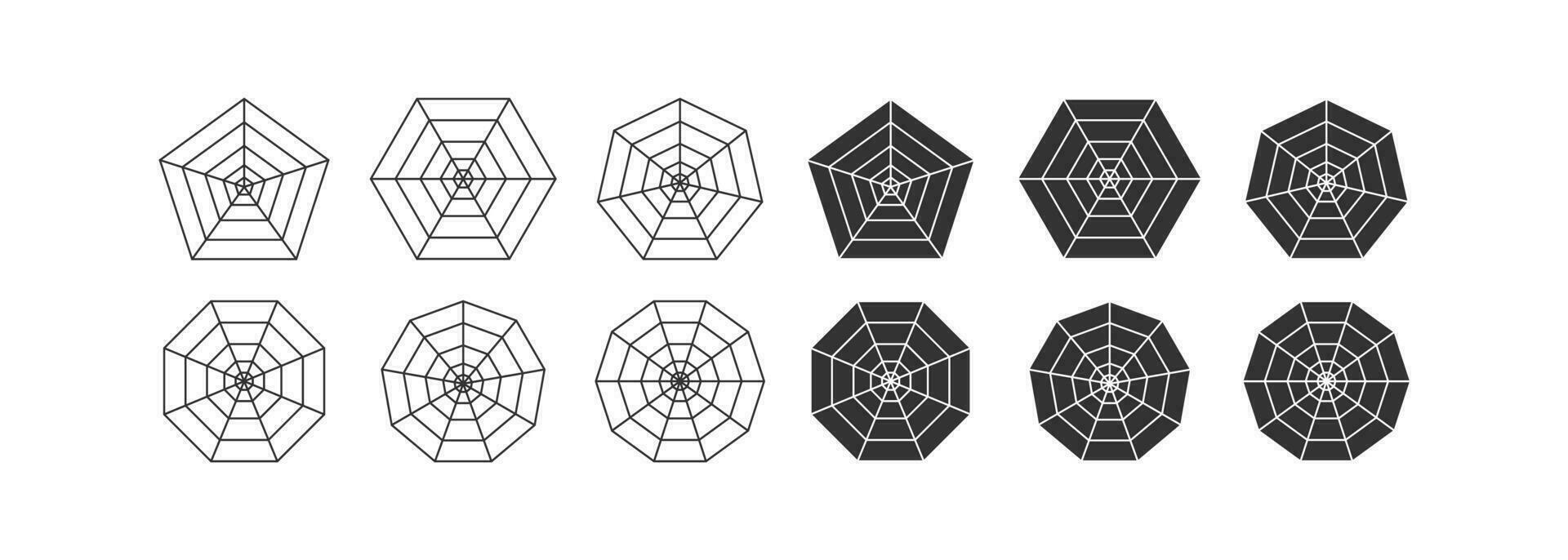 vuoto pentagono radar grafico icona impostare. radar ragno diagramma modello illustrazione simbolo. cartello pentagono, esagono grafici vettore