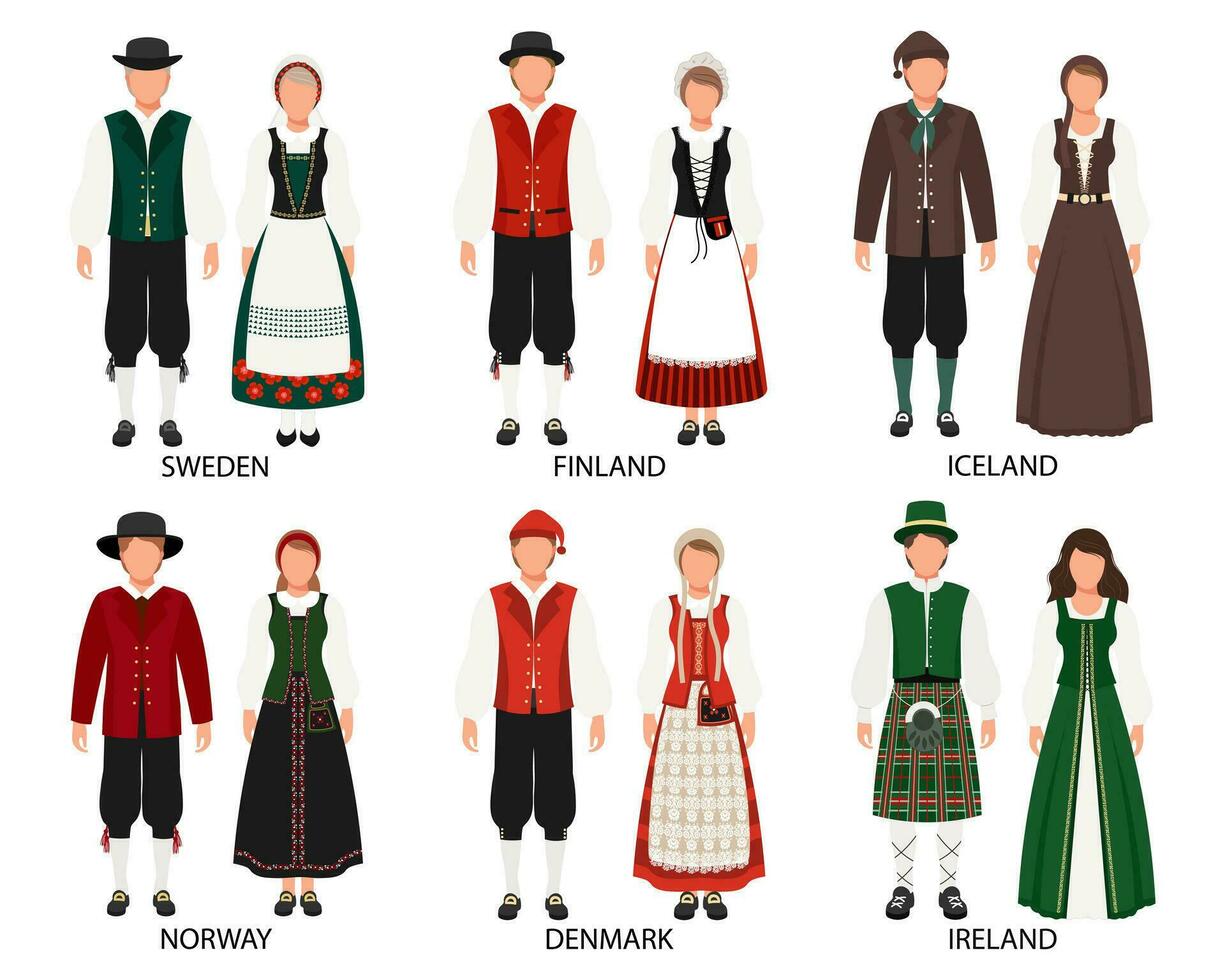 un' impostato di coppie nel popolare costumi di europeo Paesi. Svezia, Finlandia, Danimarca, Norvegia, Islanda, Irlanda. cultura e tradizioni. illustrazione, vettore