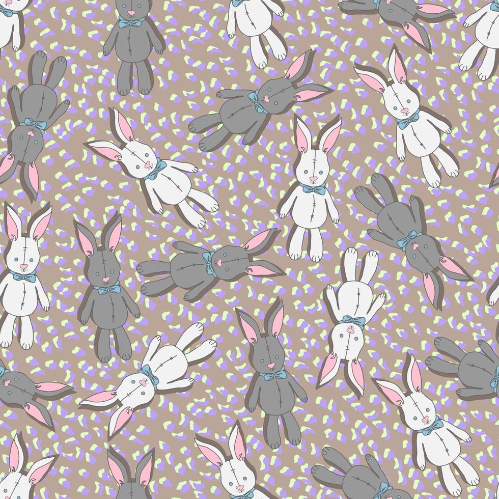 Vector seamless pattern conigli bianchi e grigi giocattoli bambola con fiocchi e occhi con bottoni su uno sfondo di macchie colorate. sfondo per la scuola materna, cose per bambini, tessuti, stampe.