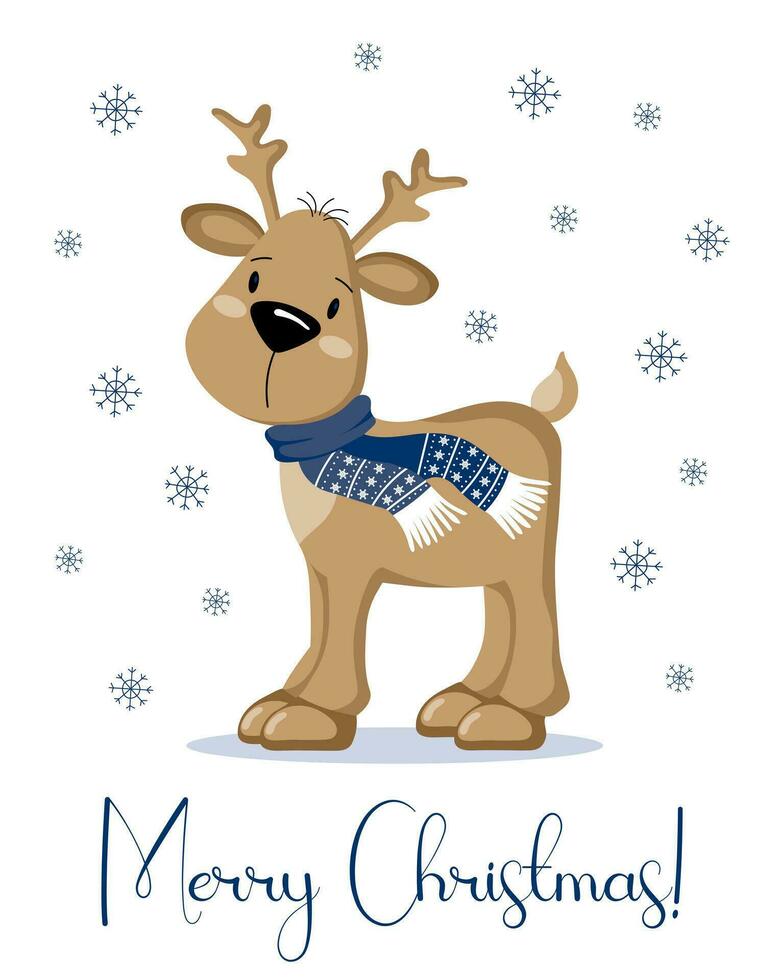 Natale cartone animato cervo nel un' sciarpa su un' bianca sfondo di fiocchi di neve. Natale carta, Stampa, vettore