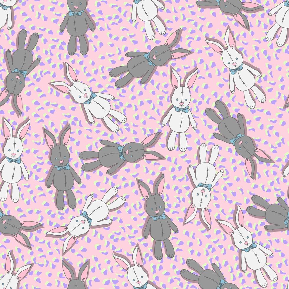 Vector seamless pattern conigli bianchi e grigi giocattoli bambola con fiocchi e occhi con bottoni su uno sfondo di macchie colorate. sfondo per la scuola materna, cose per bambini, tessuti, stampe.