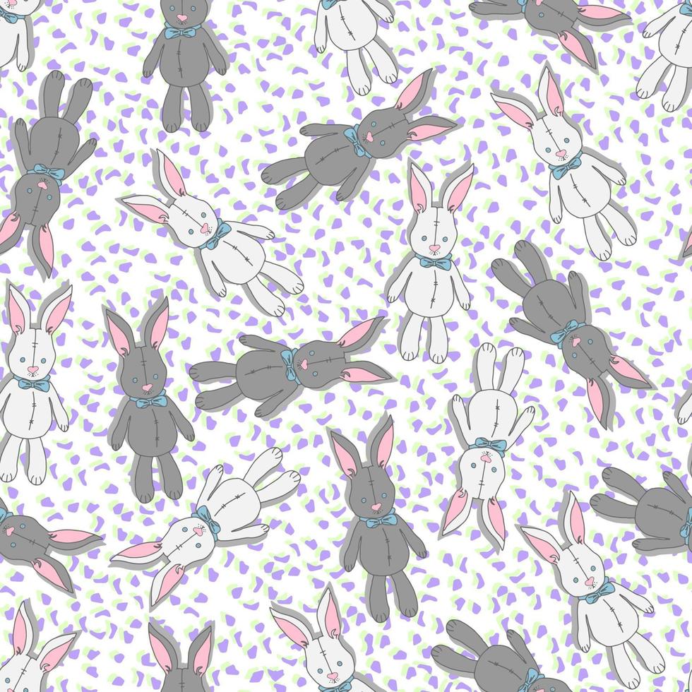 Vector seamless pattern conigli bianchi e grigi giocattoli bambola con fiocchi e occhi con bottoni su uno sfondo di macchie colorate. sfondo per la scuola materna, cose per bambini, tessuti, stampe.