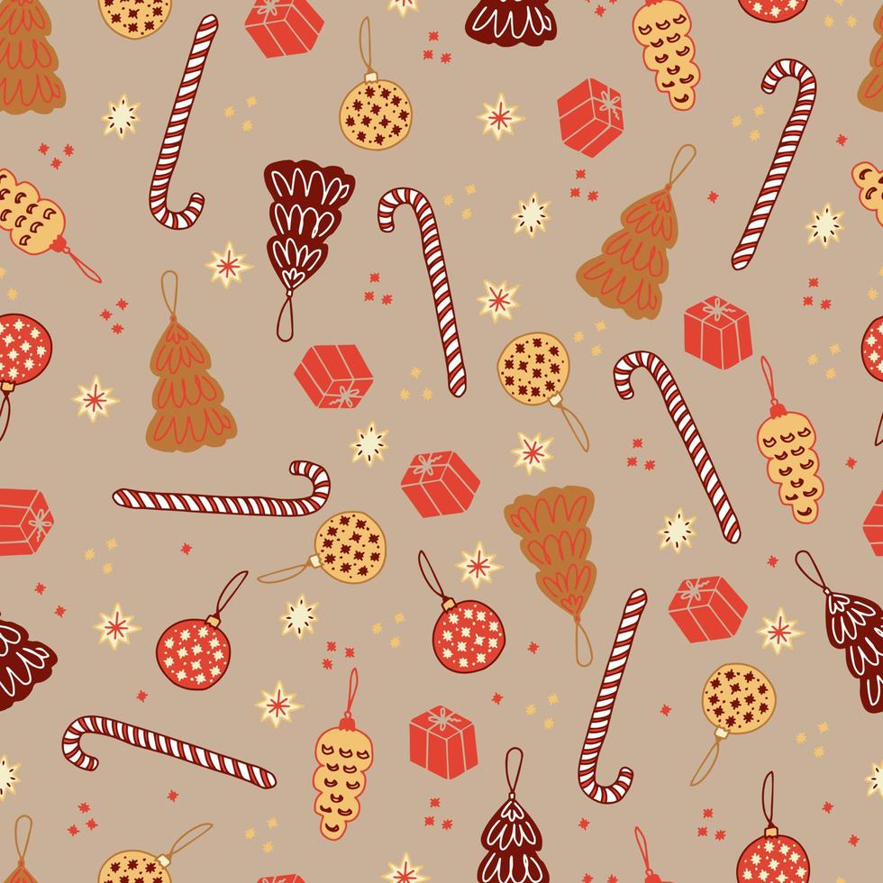 biscotti di panpepato di natale e pasticcini sotto forma di abeti e palle di natale lecca-lecca a strisce canne e stelle vector seamless pattern. dolci isolati per il nuovo anno. sfondo invernale