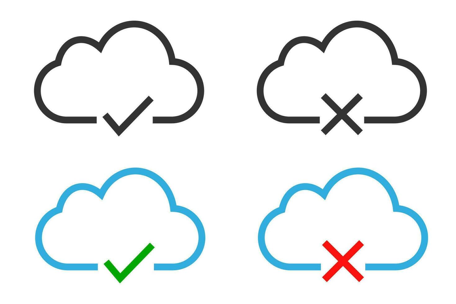 nube dai un'occhiata e attraversare icona. positivo e negativo caricare simbolo. cartello App elemento vettore. vettore