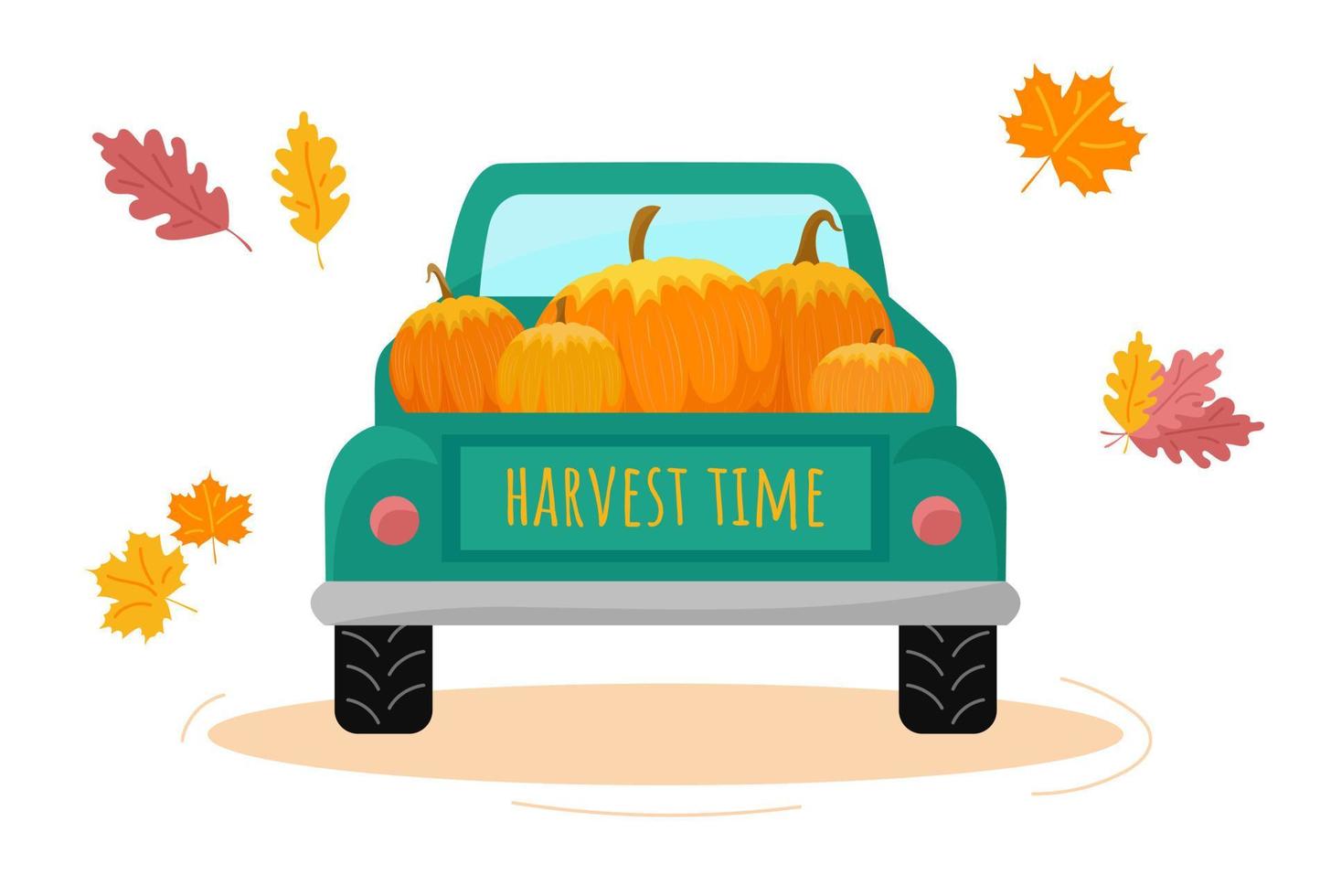 camion del raccolto che trasporta zucche. retrovisore. iscrizione del tempo del raccolto. concetto di autunno autunno. vacanze del Ringraziamento. illustrazione vettoriale