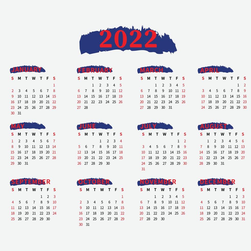 Modello di calendario vettoriale di una pagina 2022