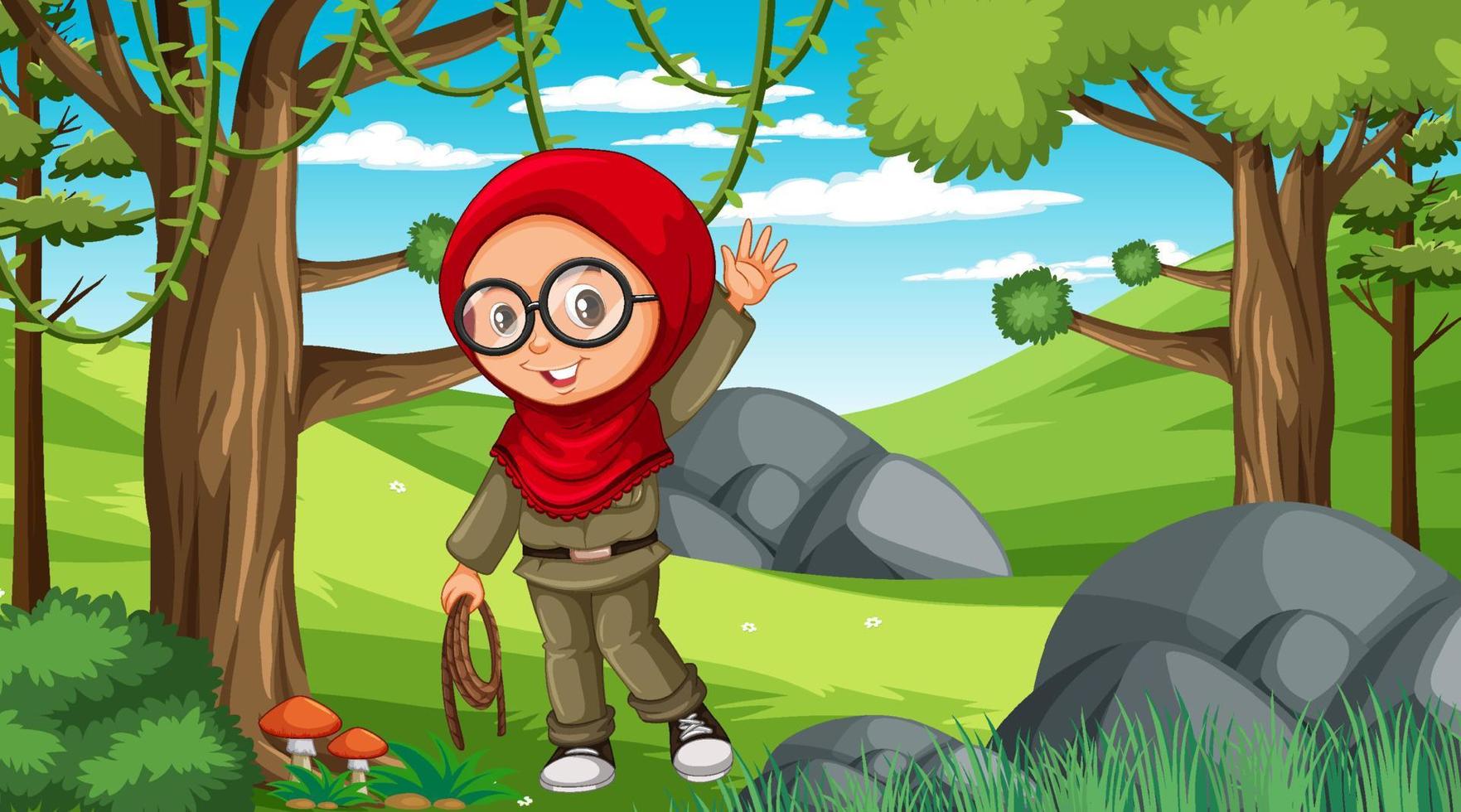 scena della natura con un personaggio dei cartoni animati di una ragazza musulmana che esplora nella foresta vettore