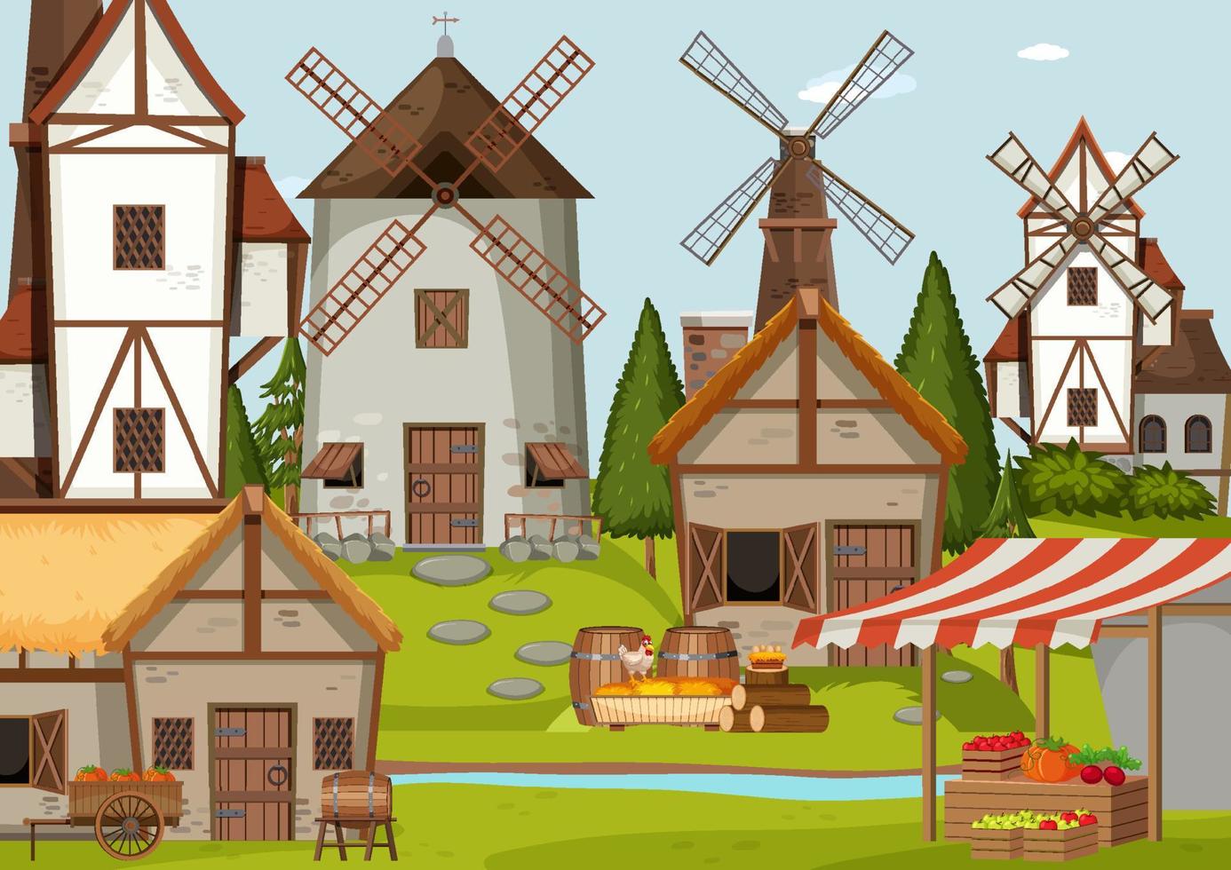 scena del villaggio medievale con mulini a vento e case vettore