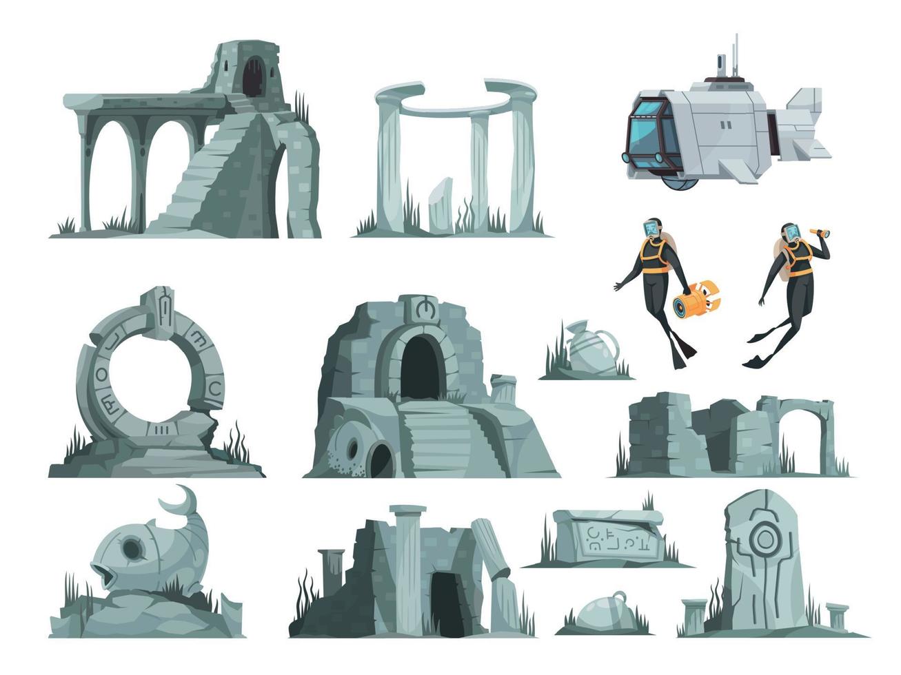 set di cartoni animati delle rovine di atlantide vettore